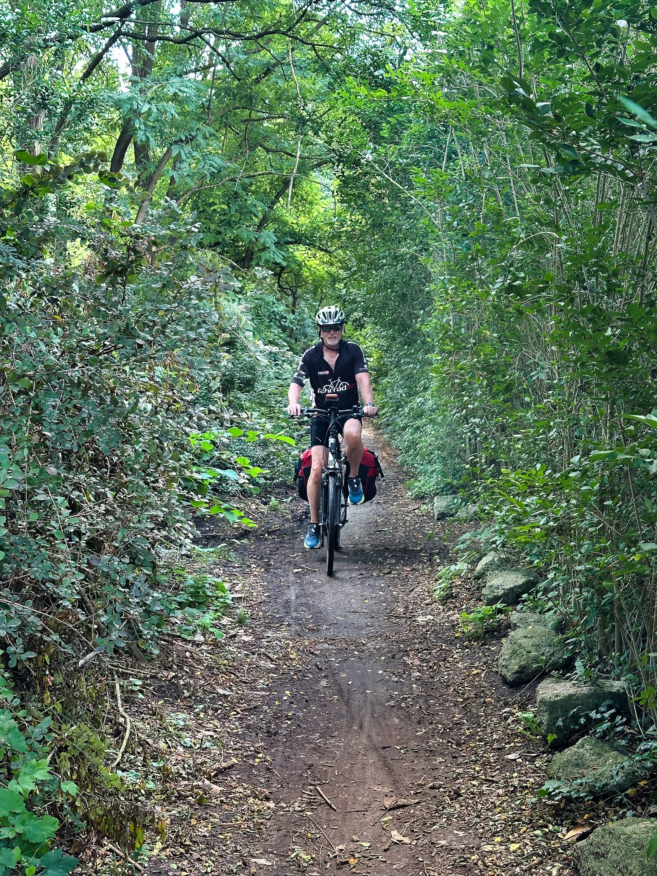 Berliner Mauerweg mit dem Fahrrad, Mann auf Fahrrad im Wald auf engem Weg