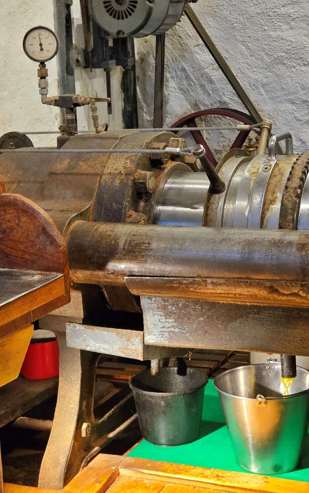 Ausflugsziel Brandenburg - Mühle Straupitz - Leinöl tropft in Eimer aus Ölpresse