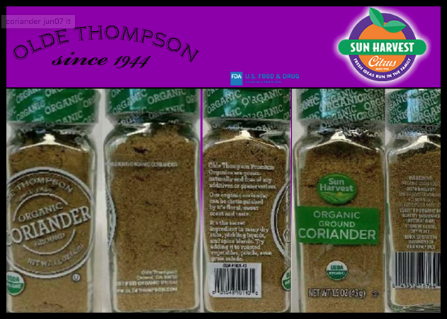 Olde Thompson LLC Issues A Voluntary Recall of Olde Thompson And Sun Harvest Organic Ground Coriander Due to Possible Salmonella Risk
