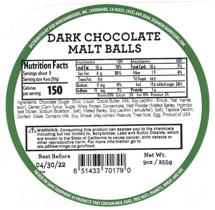 DSD Merchandisers, Inc. Issues Allergy Alert on Undeclared Peanuts in Dark Chocolate Malt Balls 9oz Tub