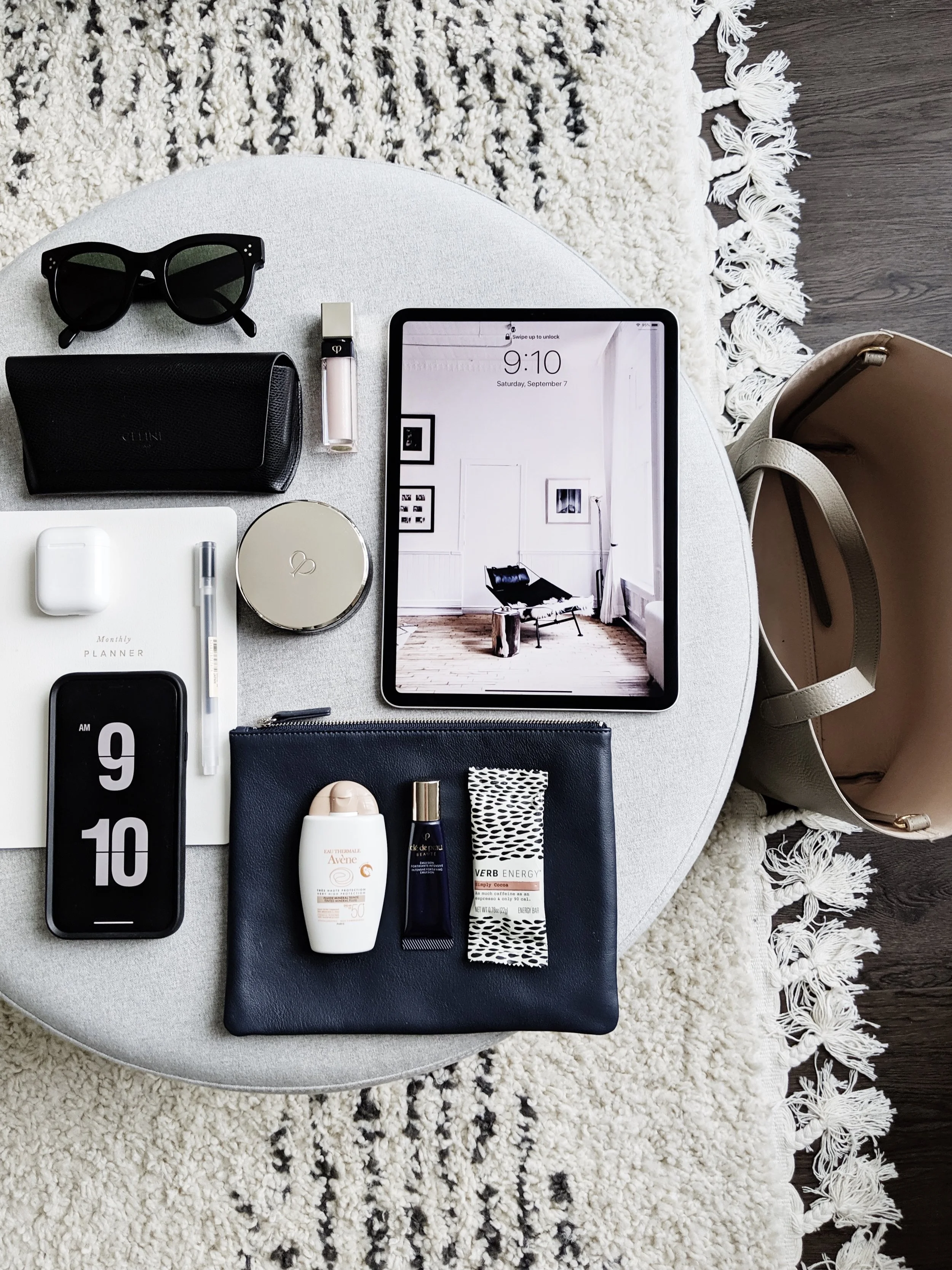 Sunglasses | Planner | Foundation | Sunscreen | Lip Color Rose Quartz | Fliqlo Phone Screensaver | Ottoman | Features gifted products