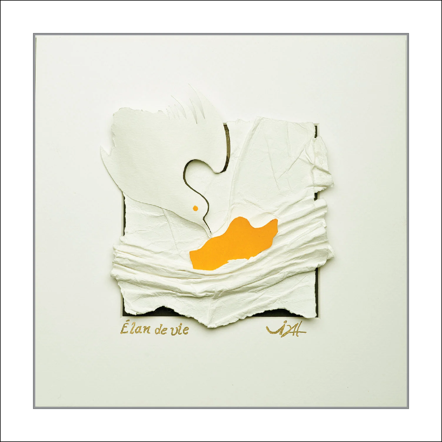 ''Élan de vie'' Tableau-Sculpture en papier sans acide 185 gr, acrylique, dans un écrin blanc vitré de 10 po. X 10 po.
