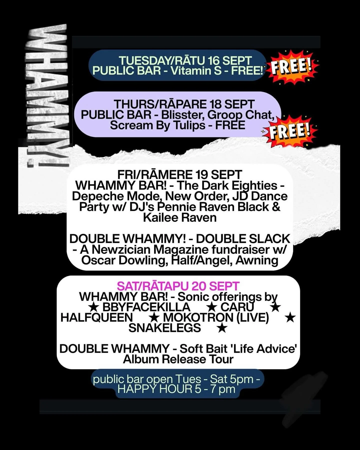 𝙄𝙣 𝙘𝙖𝙨𝙚 𝙮𝙤𝙪 𝙢𝙞𝙨𝙨𝙚𝙙 𝙞𝙩 👀

&bull; TUESDAY/R&Atilde;TU 16 SEPT
PUBLIC BAR - Vitamin S- FREE

&bull; THURS/RAPARE 18 SEPT
PUBLIC BAR - Blisster, Groop Chat,
Scream By Tulips - FREE

&bull; FRI/R&Auml;MERE 19 SEPT
WHAMMY BAR. - The Dark 