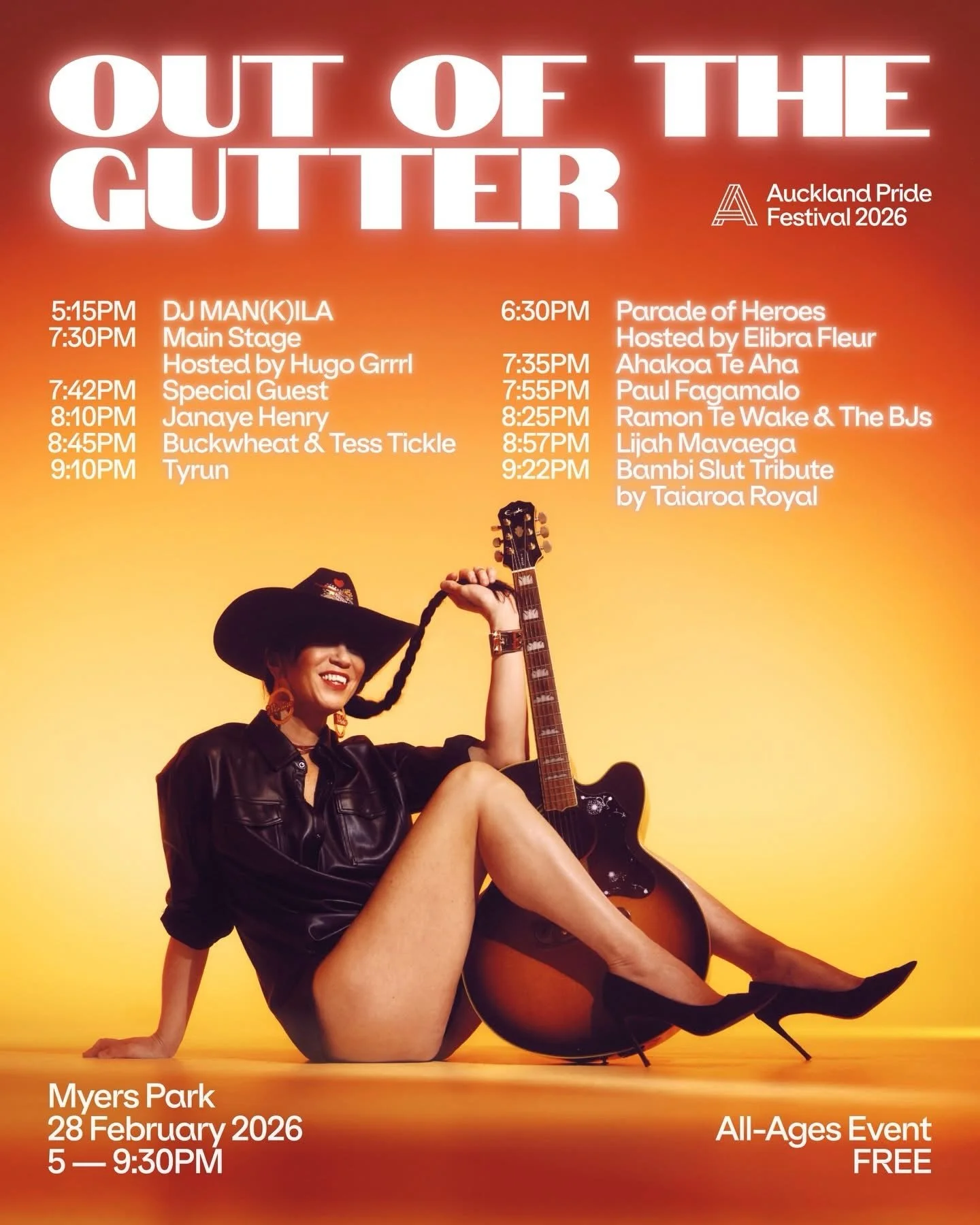 Lineup for @aucklandpride Out Of The Gutter, today! Myers Park, 5-9:30pm 🌈🏳️&zwj;🌈🌈🏳️&zwj;🌈