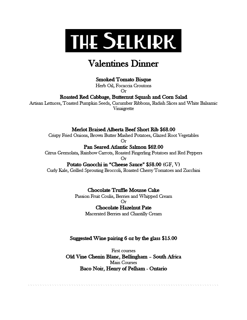 Calgary Valentine's Dinner Menu by The Selkirk at Heritage Park