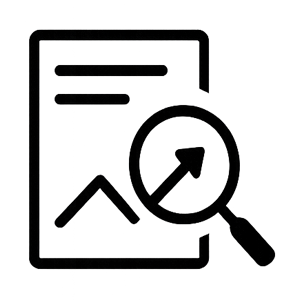 Black and white icon of a document with a rising graph and magnifying glass