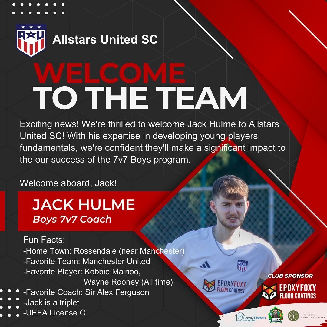 We have new faces floating around Allstars United!

Let&rsquo;s give a warm welcome to our newest addition to the coaching staff: 

Jack Hulme! 

Jack will be part of growth and development for the 7v7 boys (2017 &amp; 2016)! Get to know a little abo