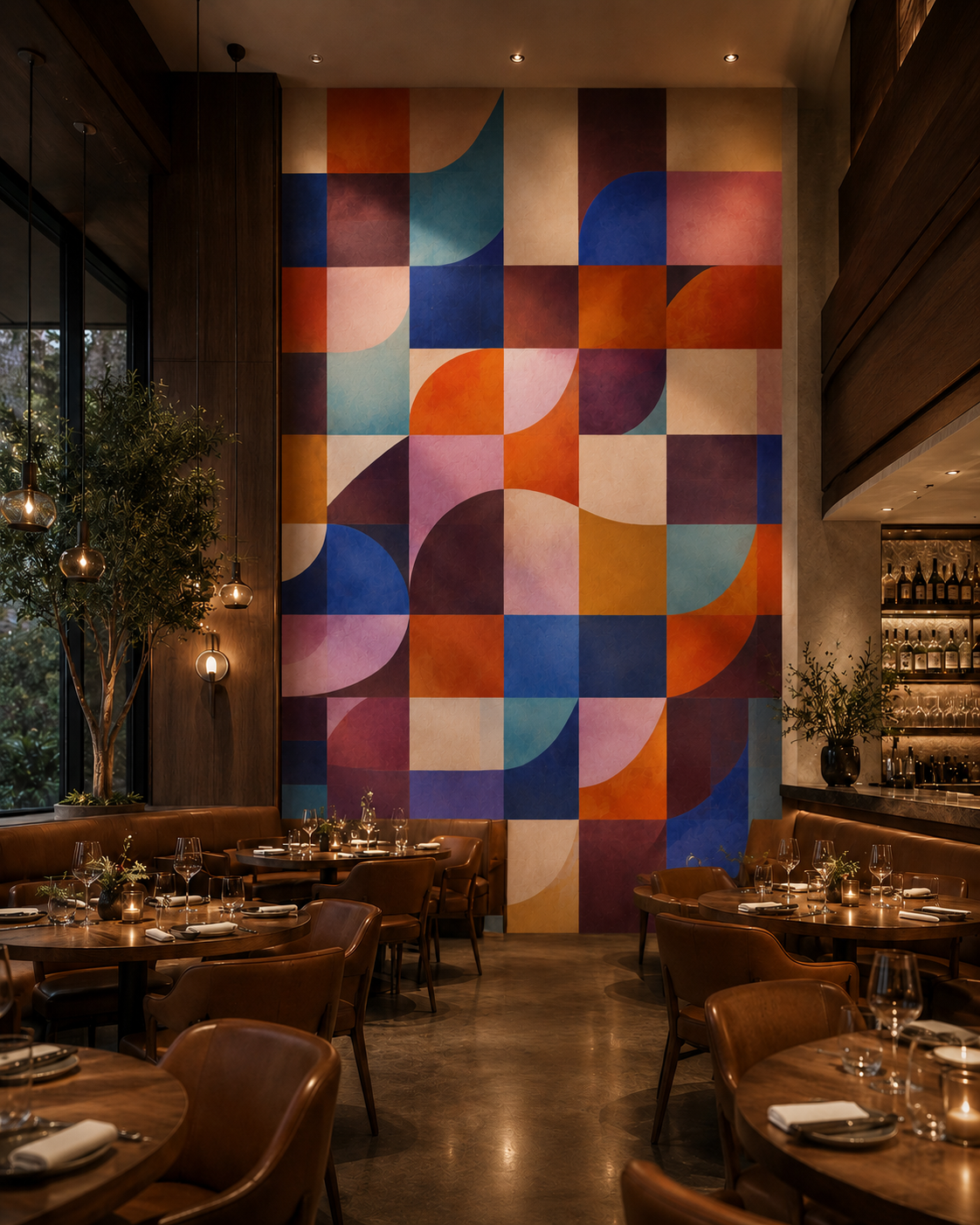 Modern restaurant interior with warm lighting, round wooden tables, leather chairs, and a large colorful geometric mural on the wall.