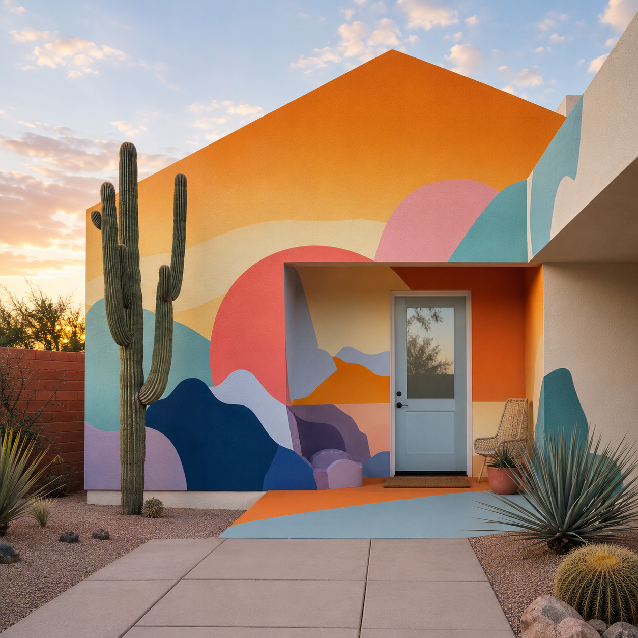 Colorful desert-themed mural painted on the exterior wall of a building, featuring mountain shapes and a large pink sun, with a cactus and desert plants nearby at sunset.