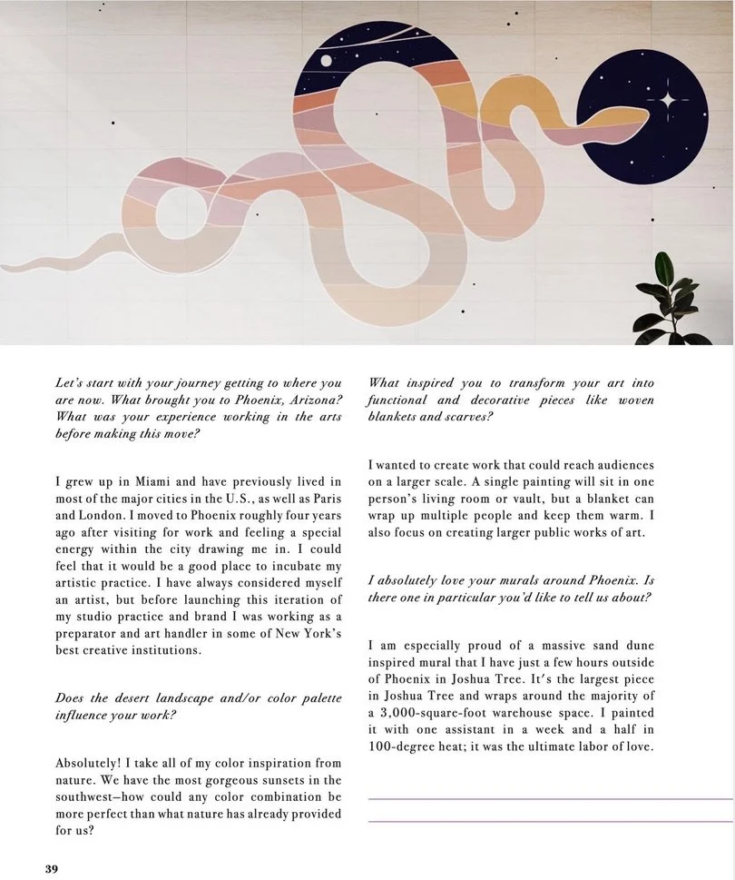 Create! Magazine interview page with Blaise Danio's serpent mural