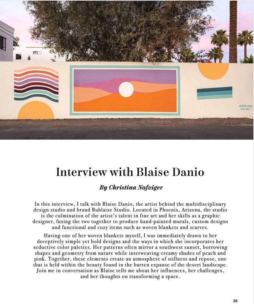 Create! Magazine interview with Blaise Danio, opening page with her sunset mural in Phoenix