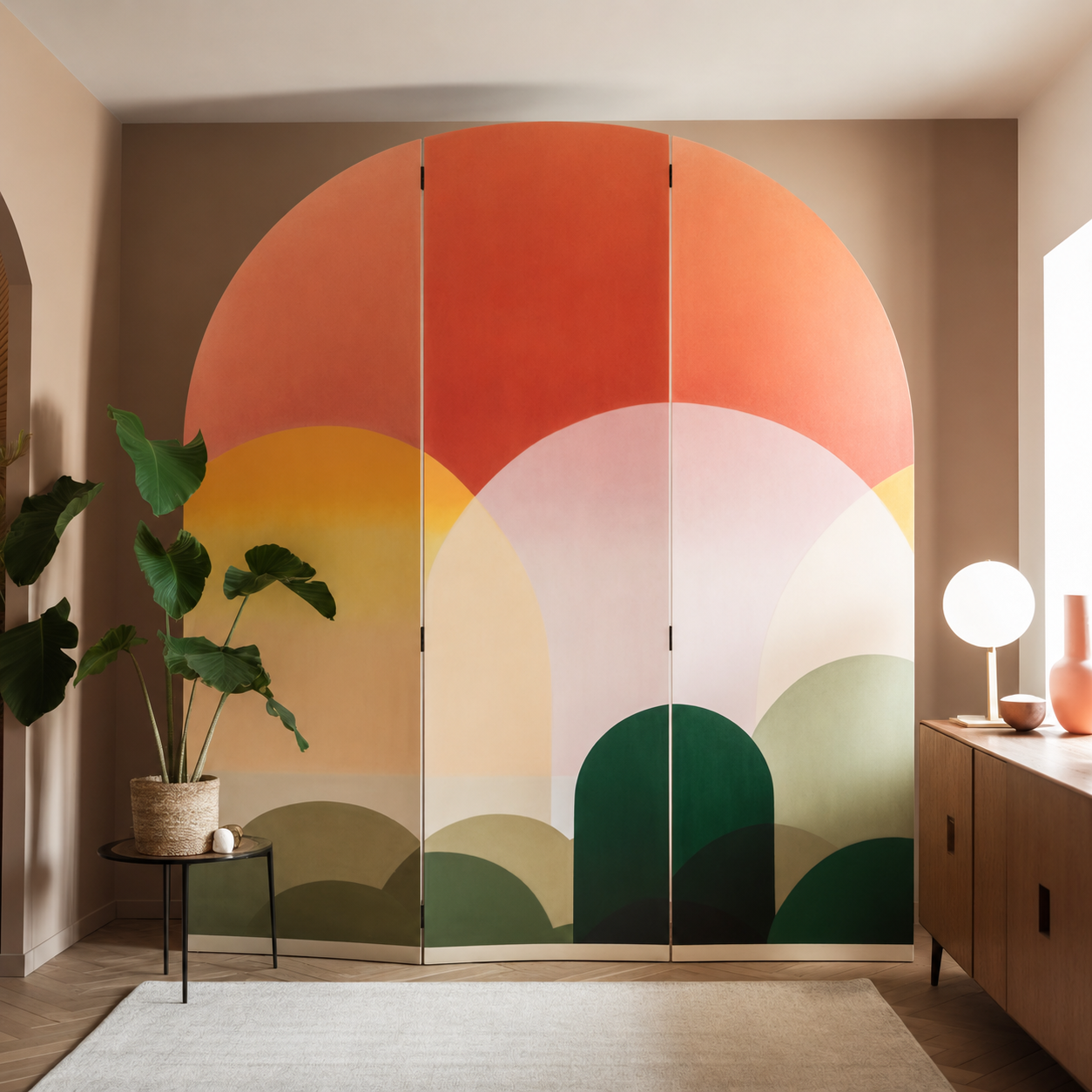 A room with a large folding screen painted with an abstract sunset landscape with rolling hills in shades of green, yellow, orange, and pink. There is a tall potted plant on a small black table to the left and a wooden sideboard with a round white la