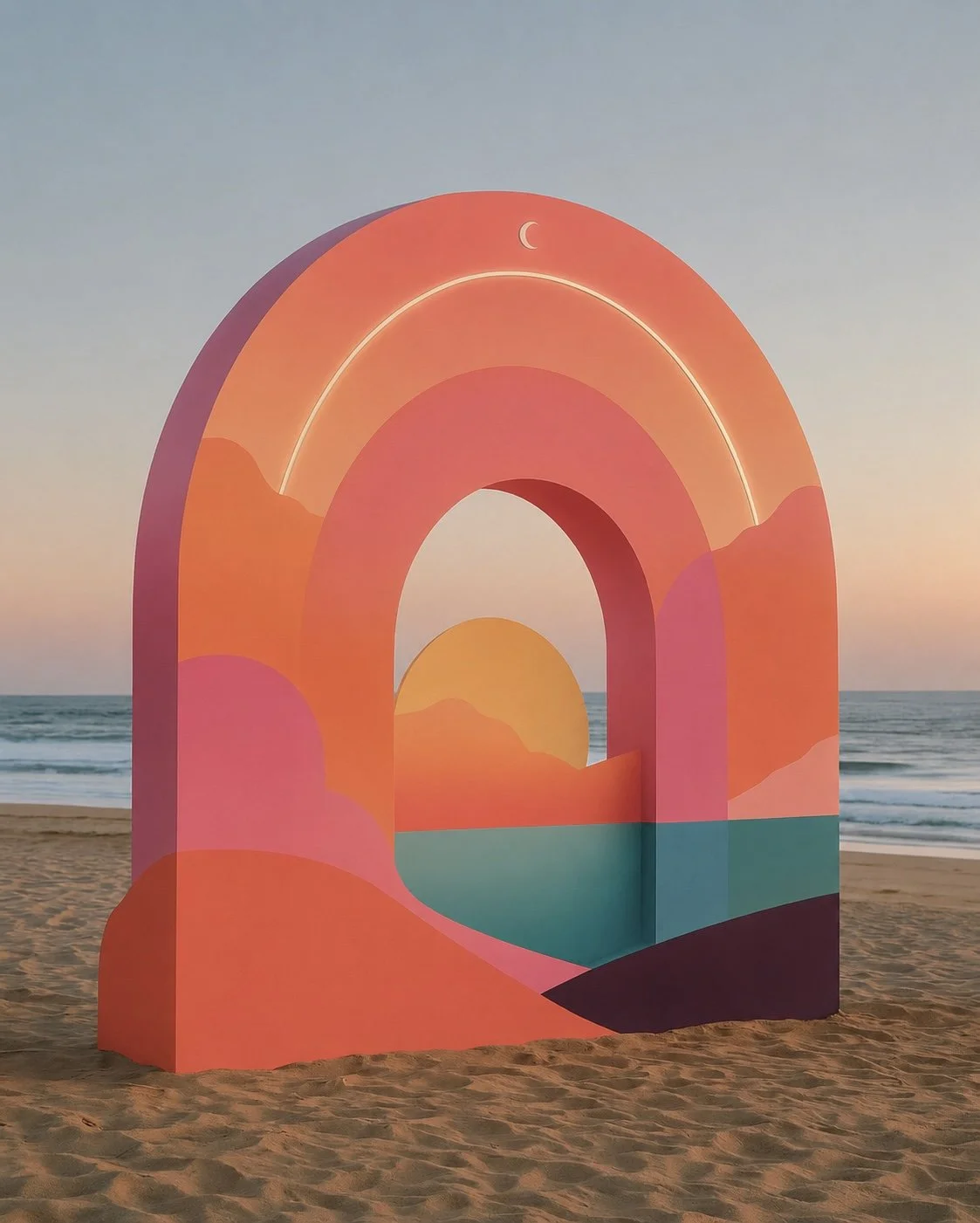 Colorful outdoor art installation on a beach depicting a stylized sunset with clouds, water, and mountains in shades of pink, orange, yellow, and teal.