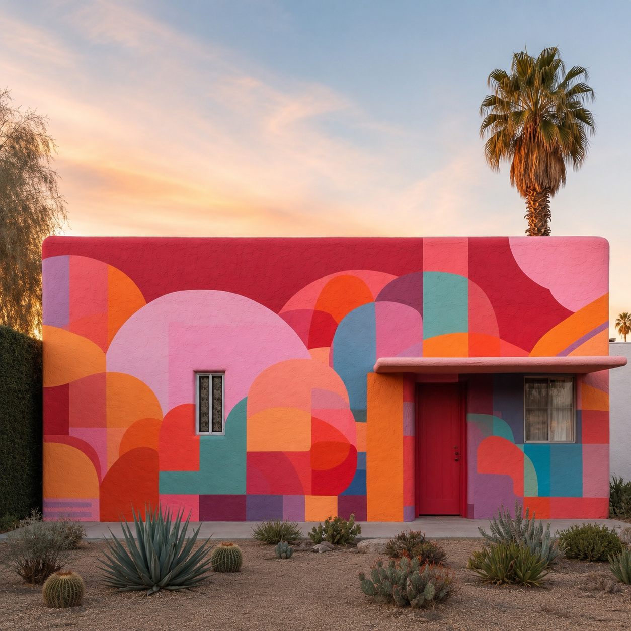 A colorful house with abstract geometric mural art painted on the exterior walls, featuring shades of pink, orange, red, blue, and purple, set against a desert landscape with cacti and succulents, and a sunset sky with palm trees in the background.