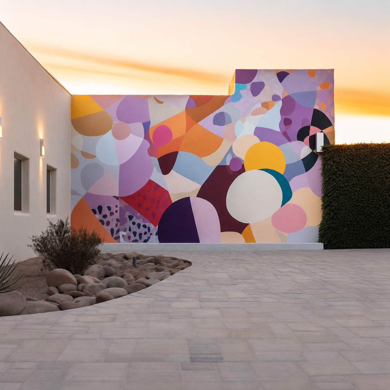Colorful abstract geometric mural on a building wall at sunset with desert landscaping in the foreground.