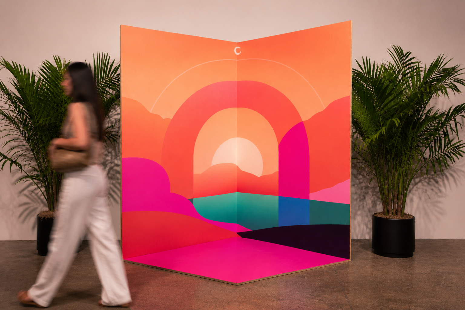 A colorful art installation with a sunset and mountain landscape in pink, orange, and teal colors, set against a wall with green potted plants on either side. A woman with long dark hair, wearing a beige top and white pants, walks past the display.
