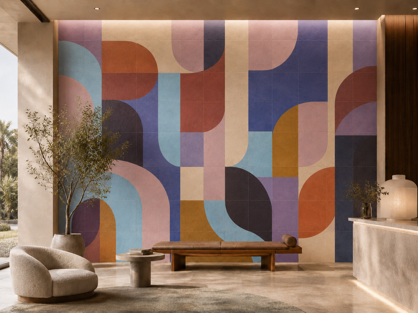 Modern lobby with a colorful geometric art wall, a gray armchair, a small round marble table with books, a leather bench, a potted plant, a wooden wall, and a white textured reception desk with decorative lamps.