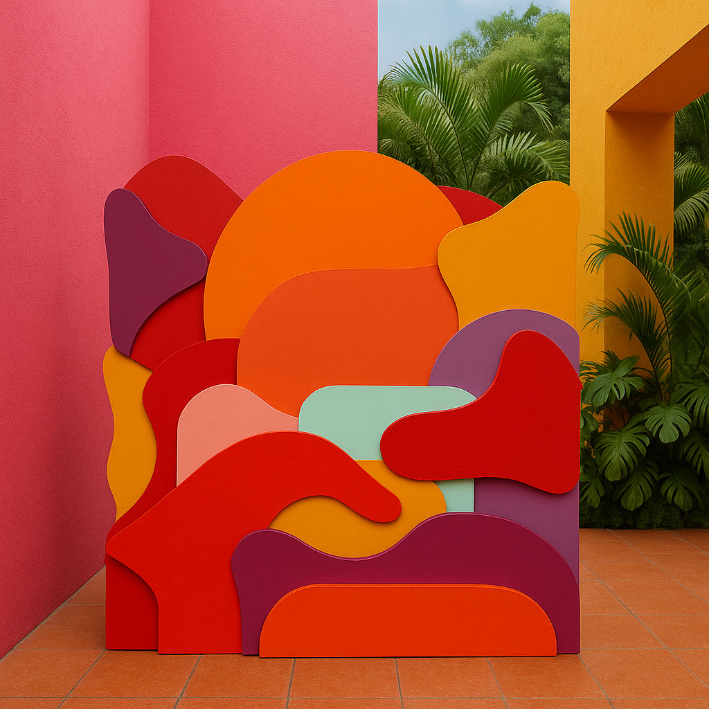 Colorful abstract sculpture with curved shapes in red, orange, purple, and teal against pink, yellow, and green background walls and foliage.