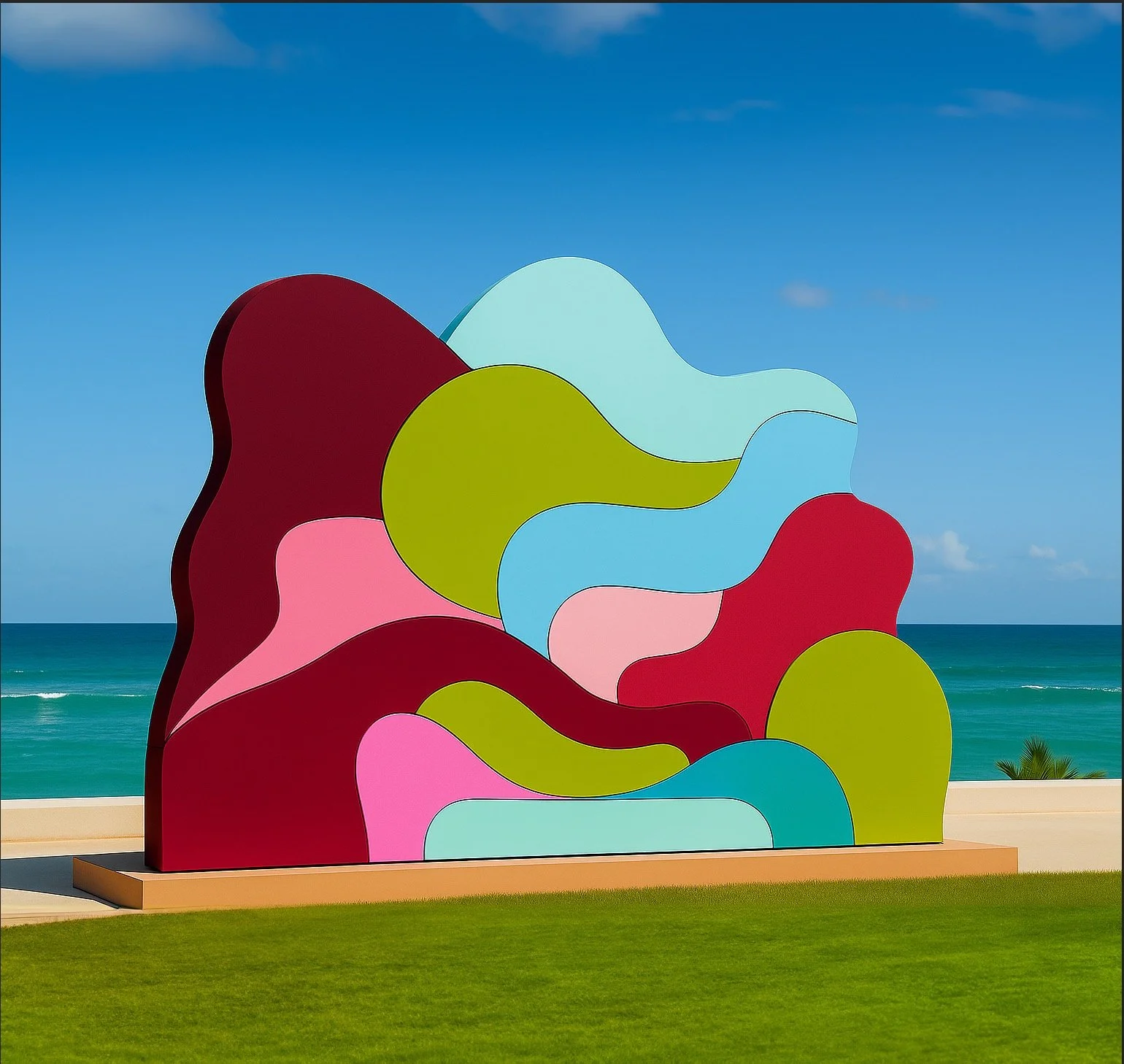 Colorful abstract sculpture resembling overlapping irregular shapes, set against a beach with a clear blue sky and ocean in the background.