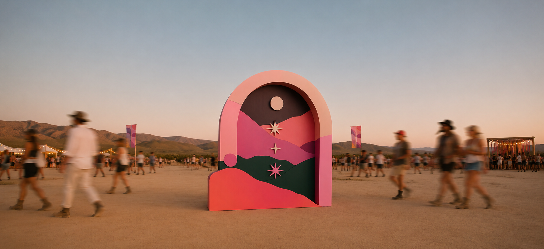 Colorful artistic arch sculpture with pink, green, and dark sections, decorated with star shapes, set in a desert with blurred festival crowd and mountains in the background during sunset.