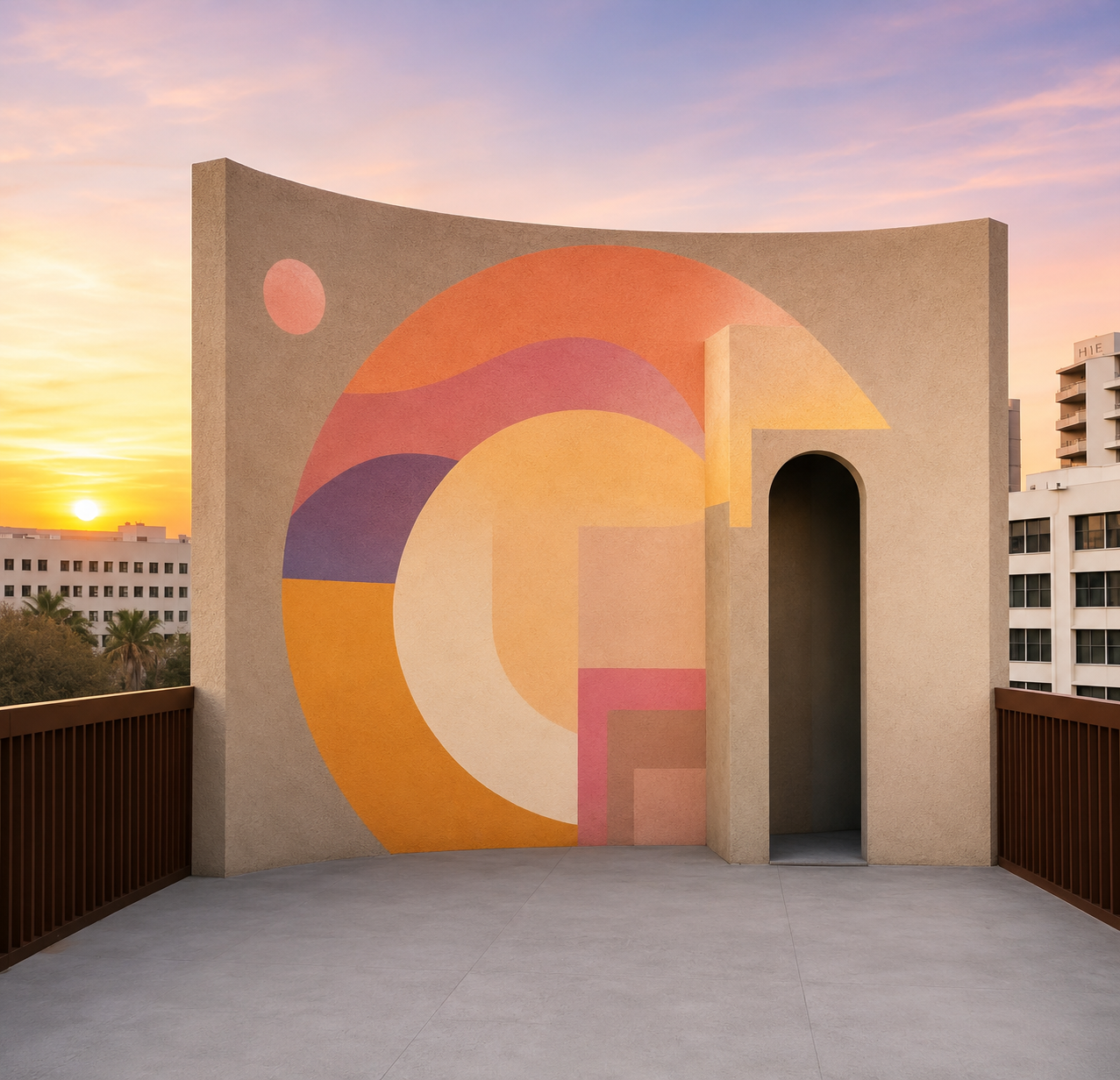 Sunset view on a rooftop with a mural featuring geometric shapes and warm colors, overlooking city buildings and palm trees.