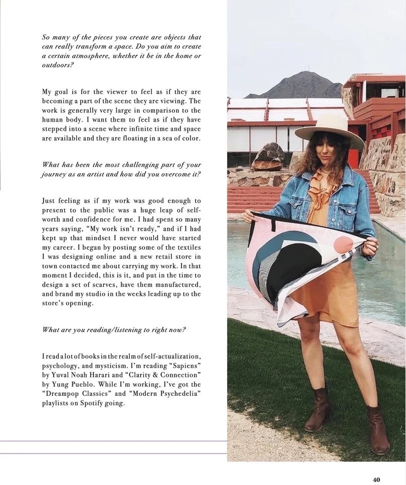 Create! Magazine interview page with Blaise Danio holding her Frank Lloyd Wright inspired scarf at Taliesin West