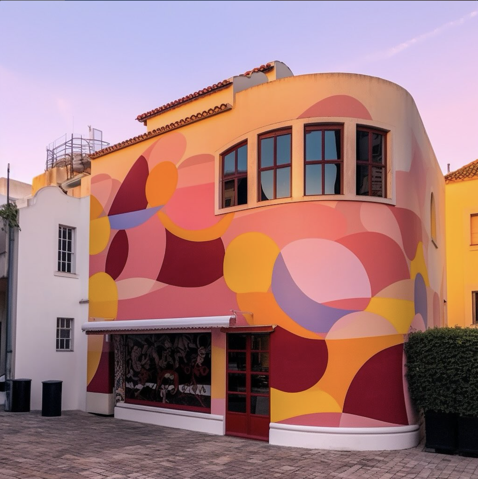 Colorful building with abstract mural featuring circles and curved shapes in shades of pink, orange, purple, and yellow, with windows and a red door.