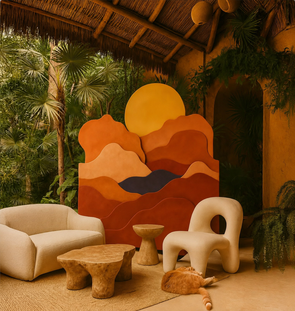 A cozy indoor space decorated with a nature-inspired theme. It features a beige sofa, a uniquely shaped white chair, and natural wood furniture. There is a colorful abstract backdrop resembling a sunset over mountains, set against lush greenery outsi