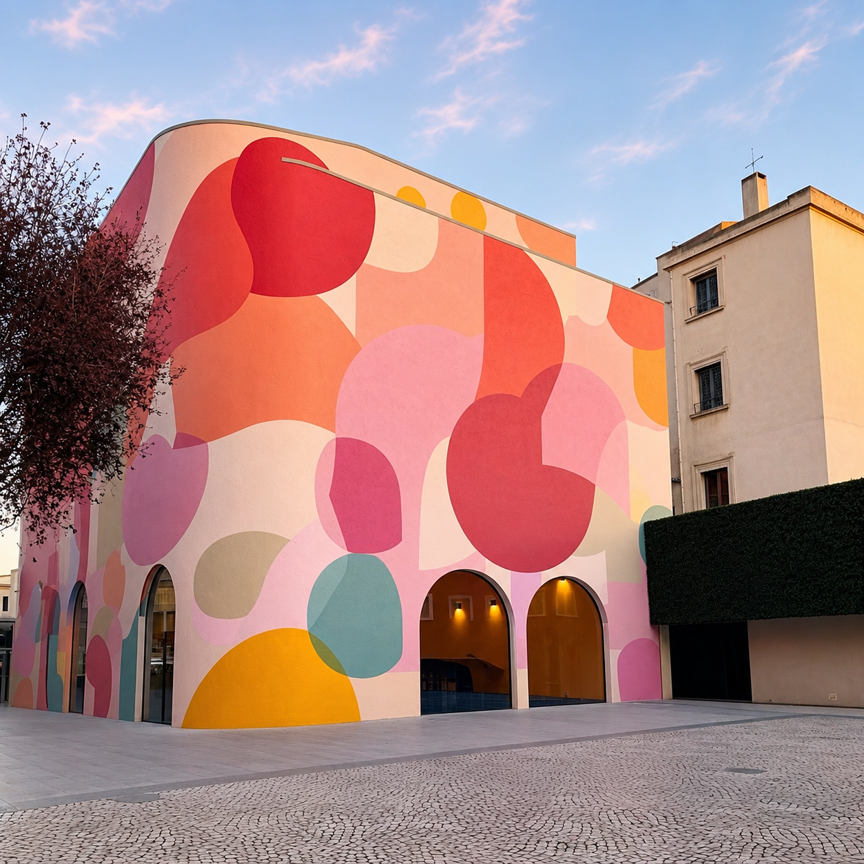 Colorful building with abstract pink, red, orange, yellow, pink, and blue bubble patterns on the exterior, with arched windows and doors, set against a sunset sky.