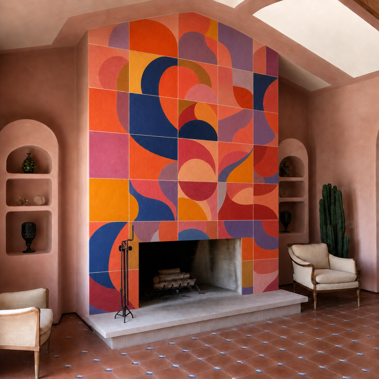A living room with pink walls, a colorful abstract mural above a fireplace, and built-in shelves with decorative items, including vases and sculptures. There is a beige armchair, a large cactus, and a fireplace with logs inside.