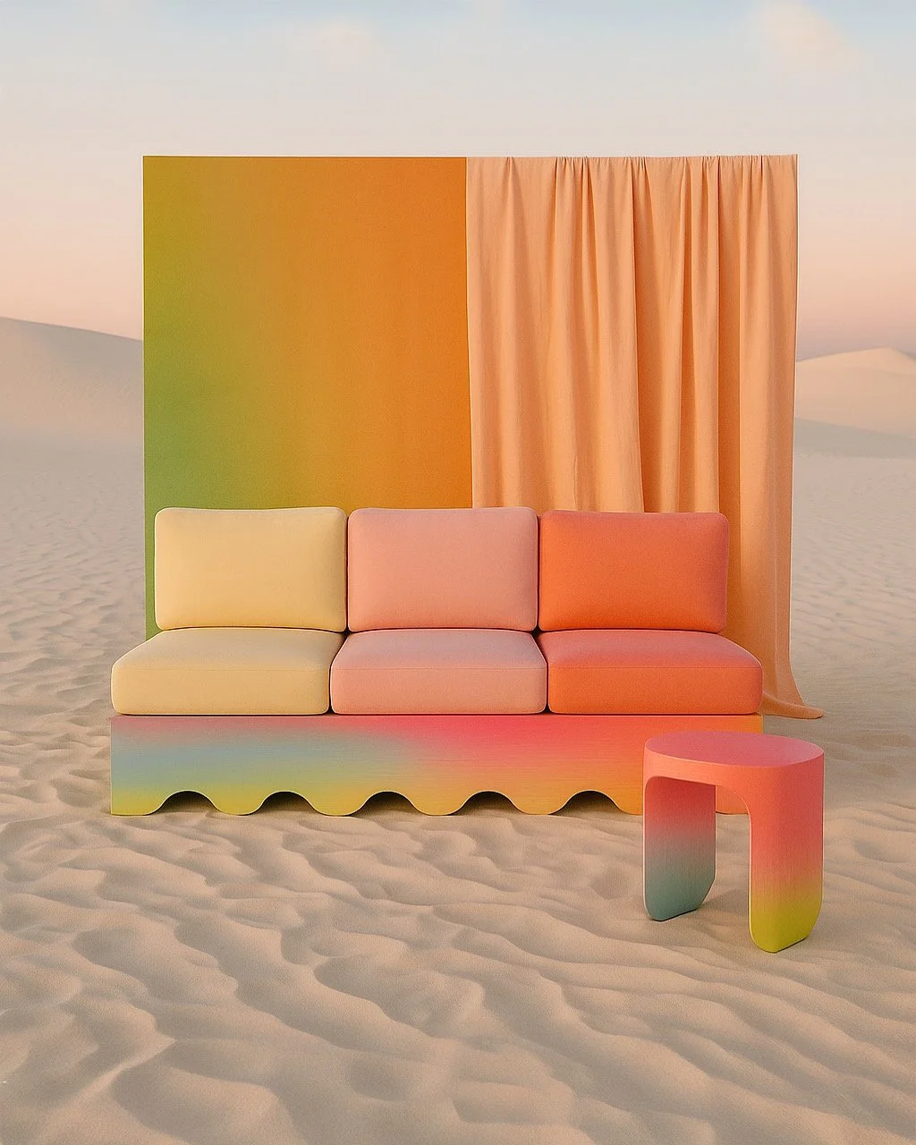 A colorful sofa and small table in a desert with sand dunes in the background, against a pastel gradient backdrop and peach curtains.
