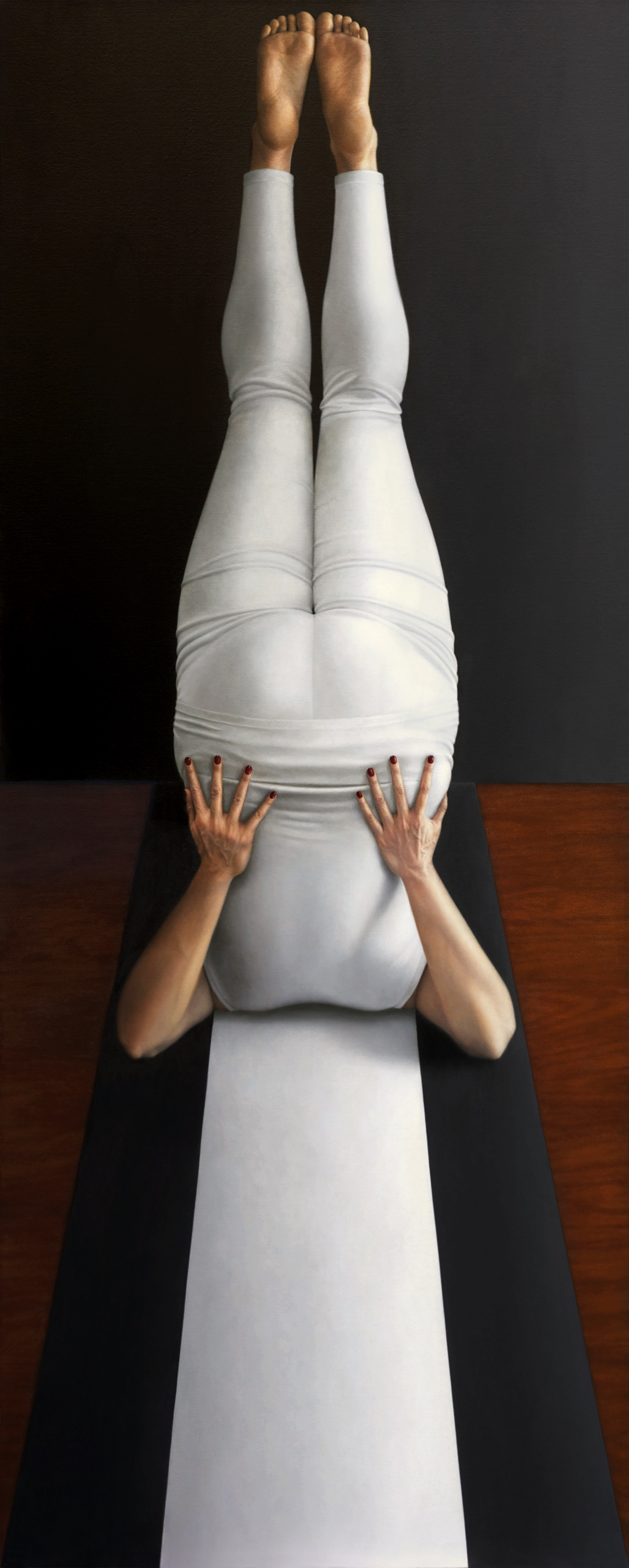   {feet above shoulders, hands on hips; triple stripes} , oil on canvas, 90” x 36” 