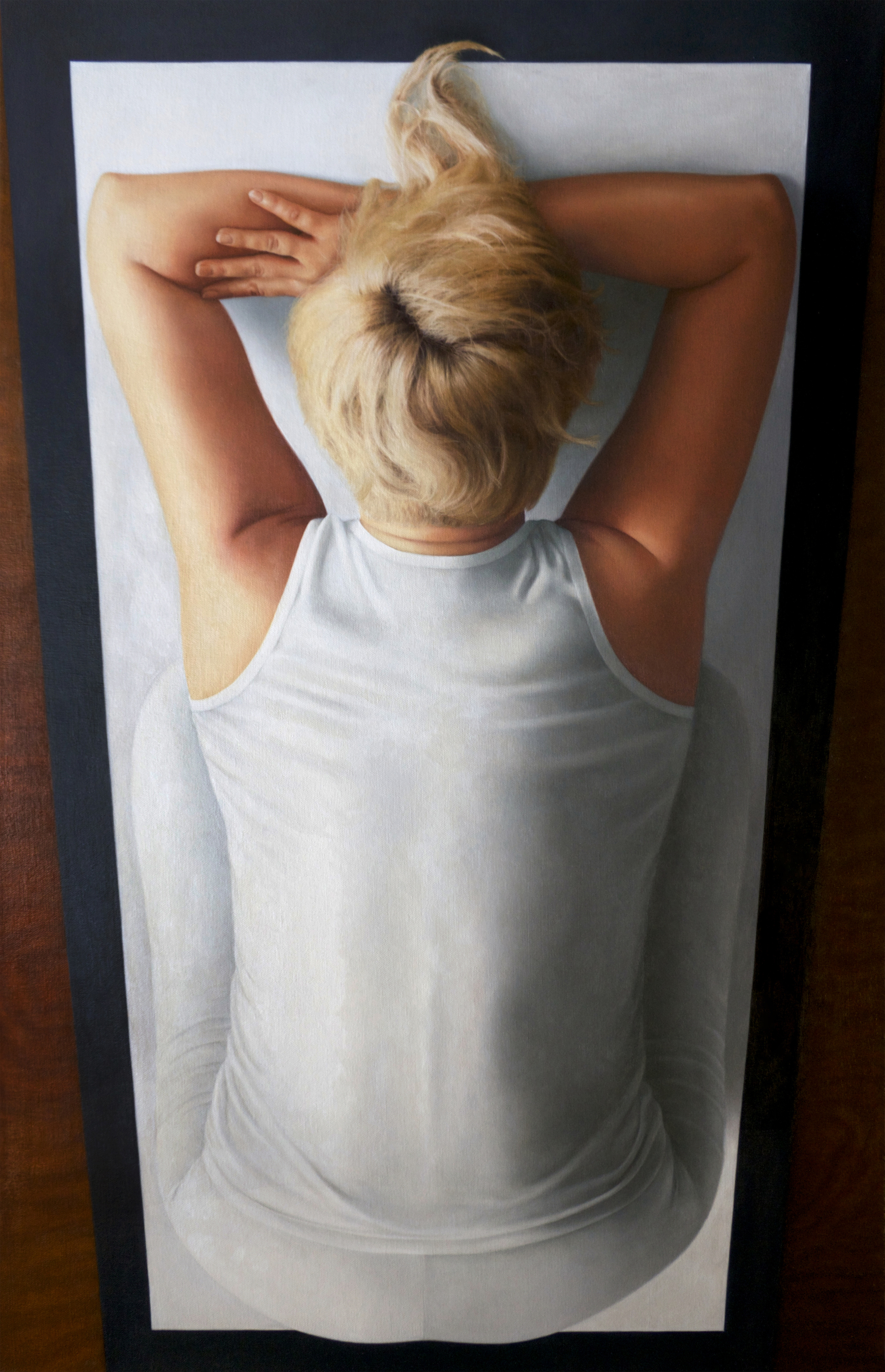   {kneeling, head on clasped arms; double rectangle} , oil on canvas, 27"&nbsp;x 68 3/4" 