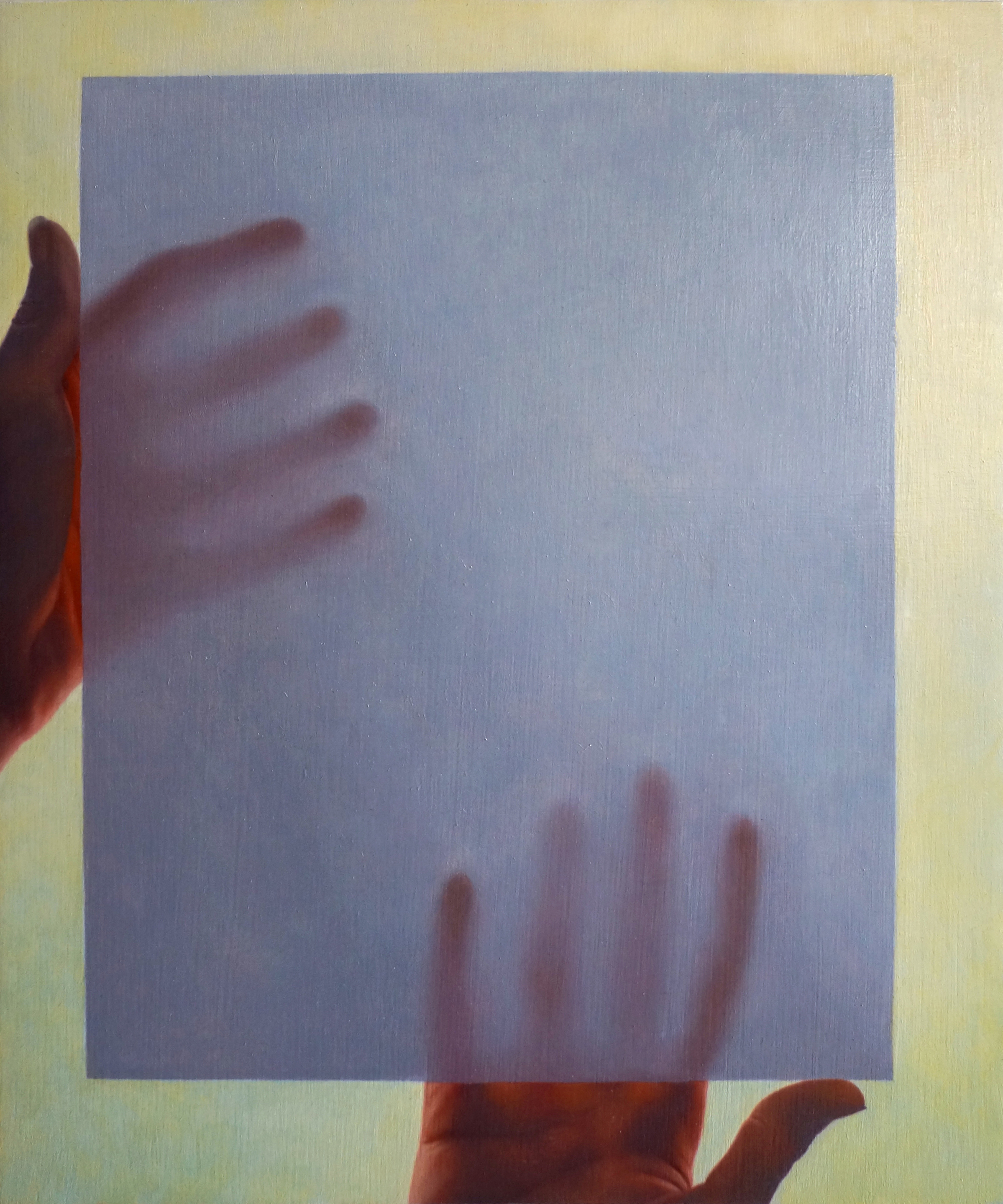   {paper with sun, hands} , oil on panel, 10" x 12" 