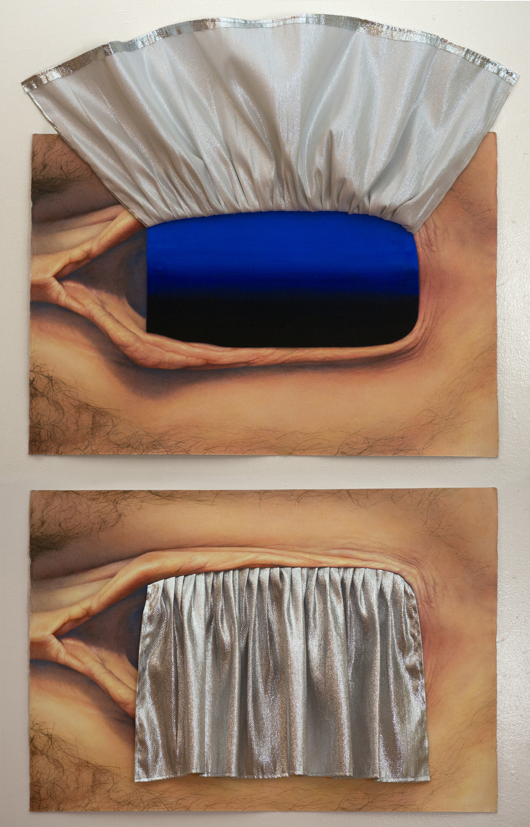  two views of  {silver curtain/blue-black gradient, vagina} , watercolor and fabric on paper, 29 7/8" x 20 5/8" 