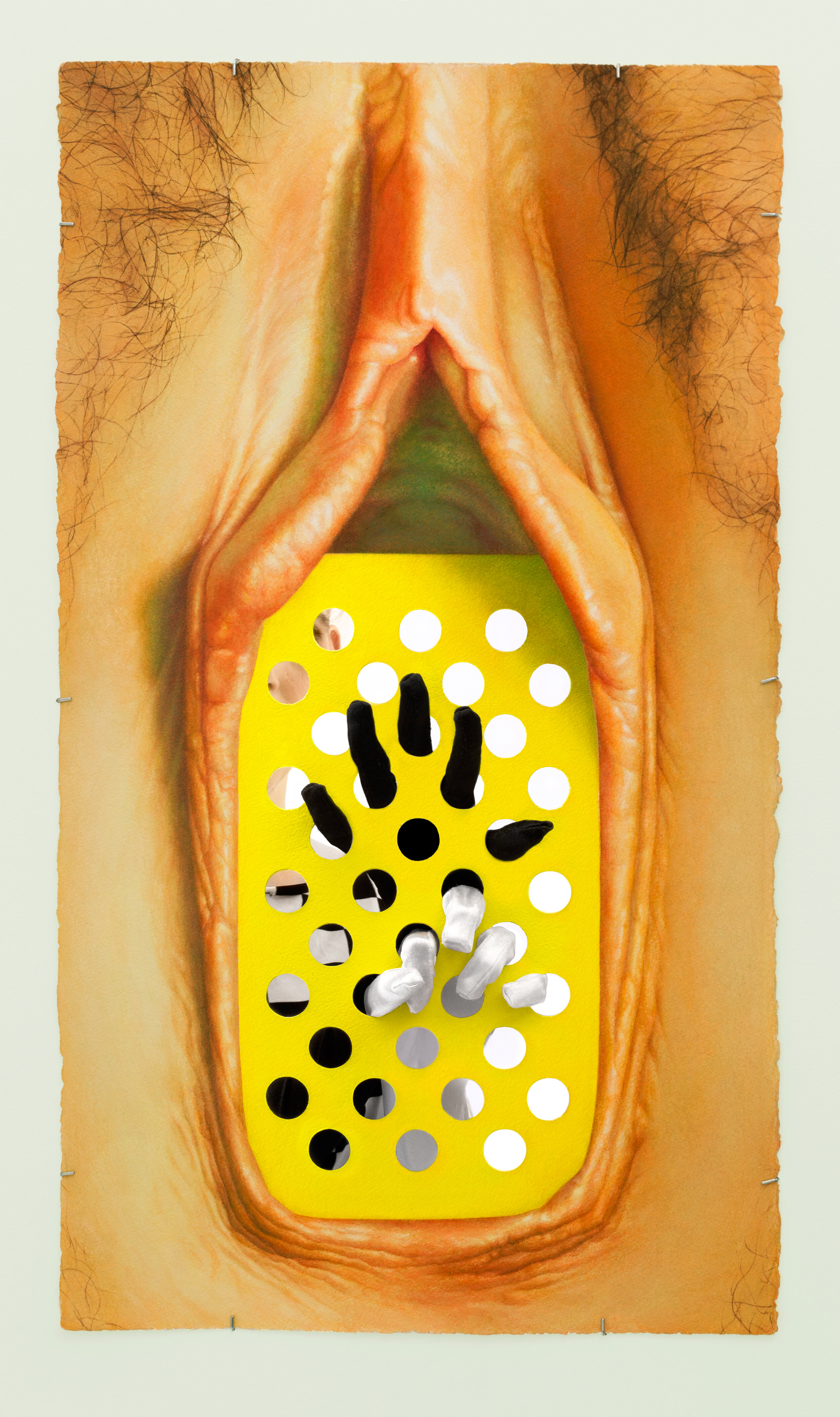  {perforated yellow, vagina} ,  watercolor on paper,  30” x 17”, activated by fingers in performance  