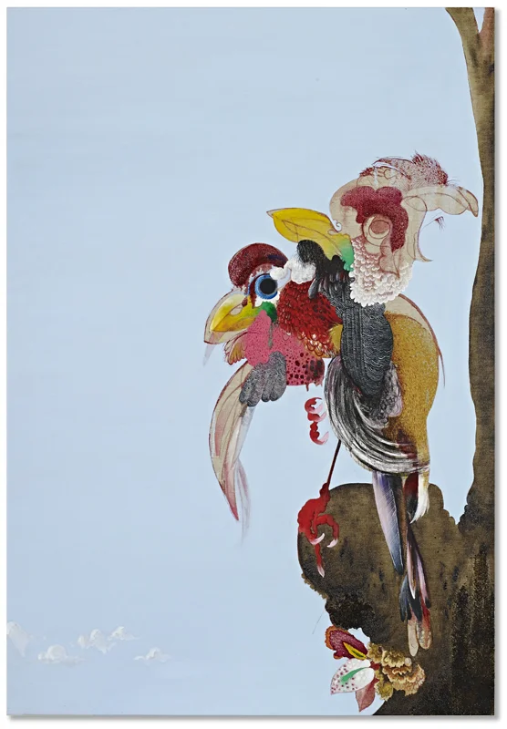 one to three trogons oil, charcoal and floor stain on linen