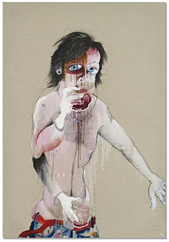 'self portrait with red wine and jesus torso' oil, charcoal and enamel on linen