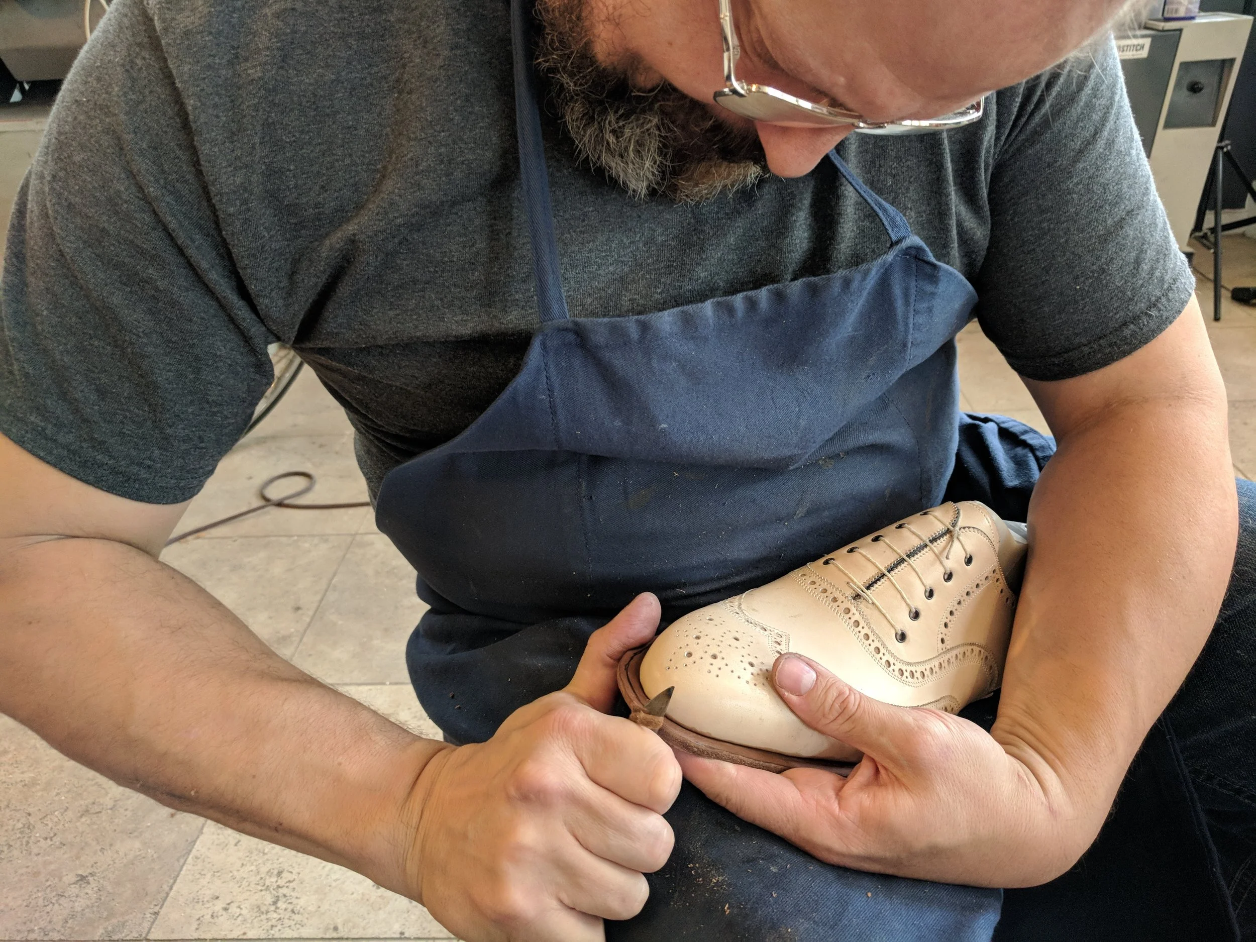 Master shoemaker Marcel Mersan in his Savannah workshop.