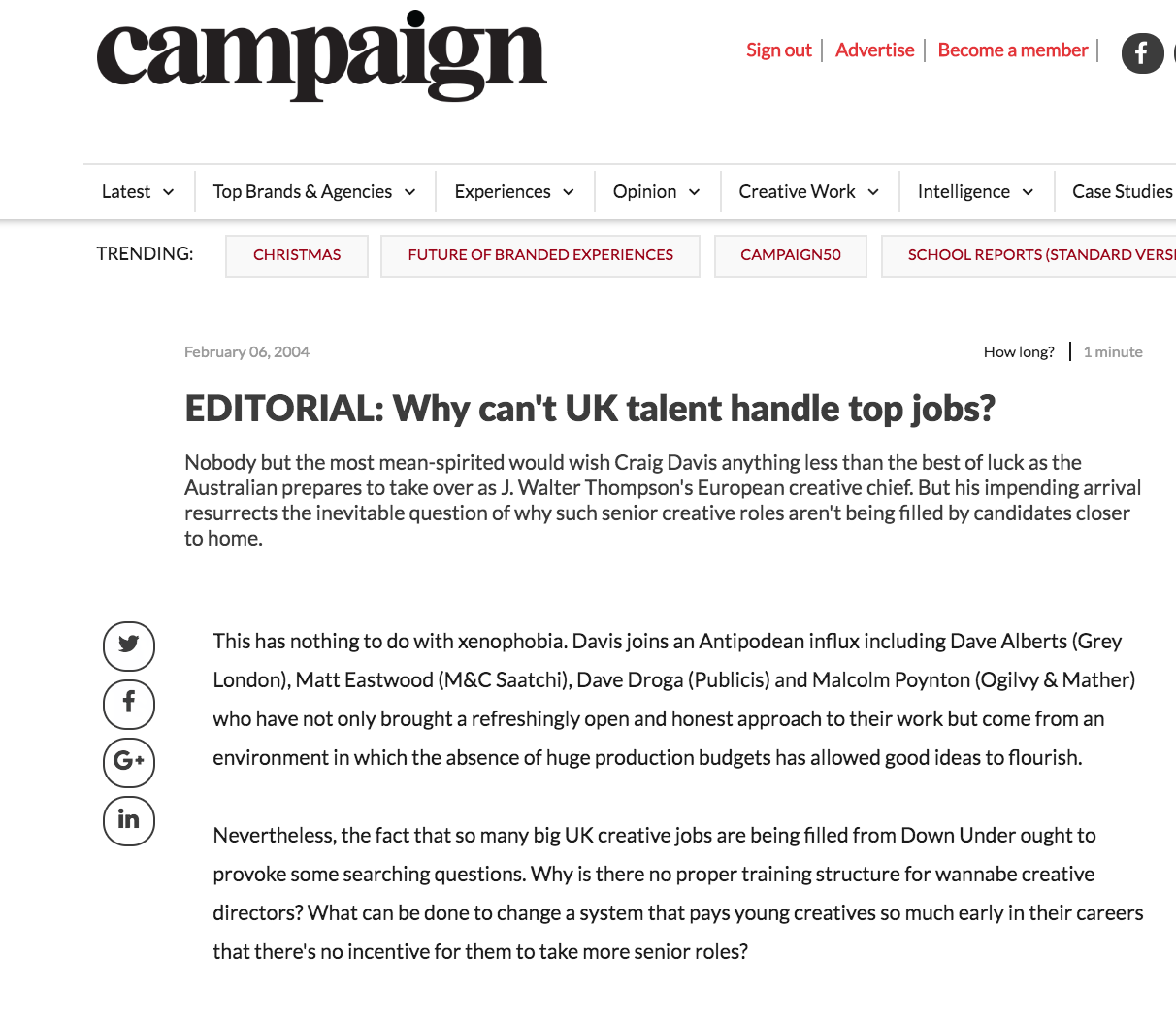 A 2004 Campaign article muses on the Australian creative takeover in London.