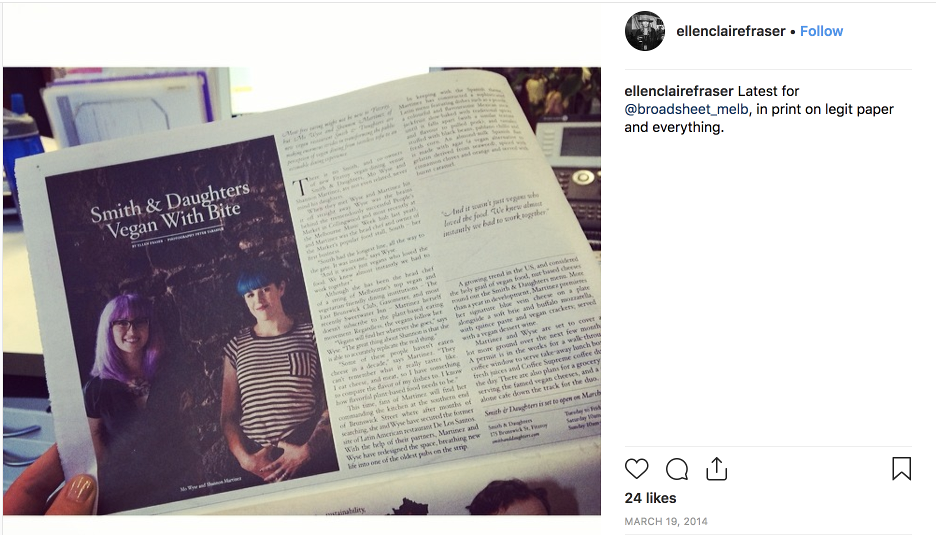 An early Broadsheet piece, as Instagrammed by Ellen.