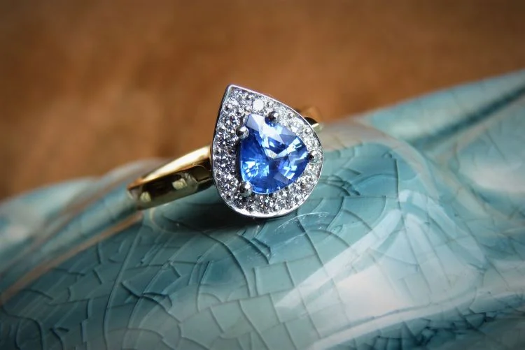 A Pear shaped Sapphire with a Halo