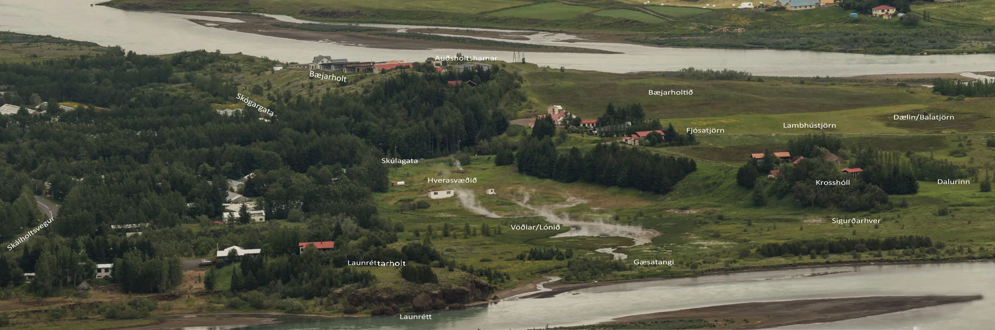 Hverasvæðið í Laugarási. Mynd tekin af Vörðufelli (mynd pms)