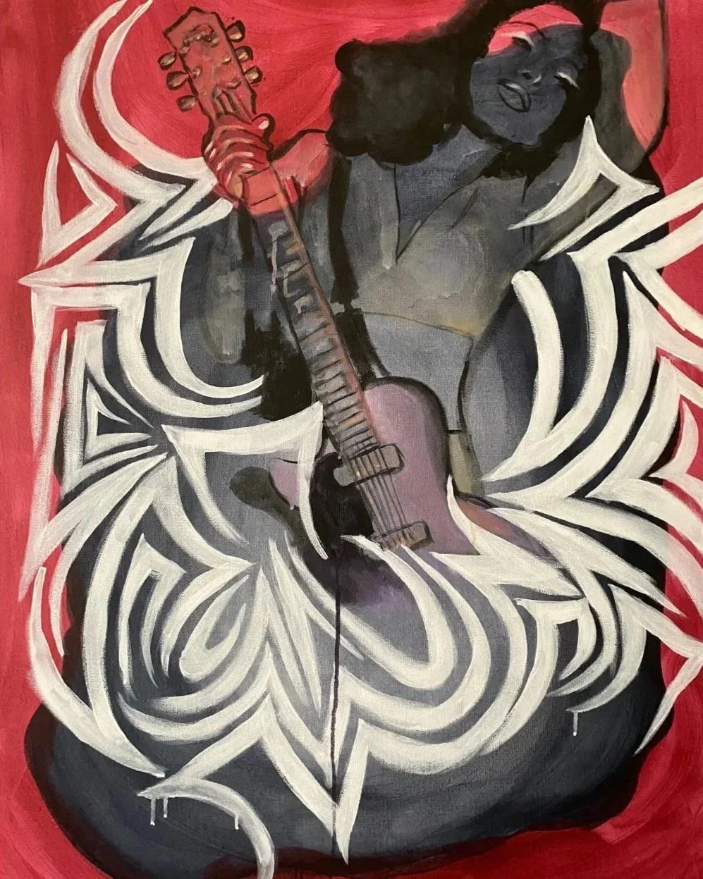 Abstract painting of Sade with stripe marks.