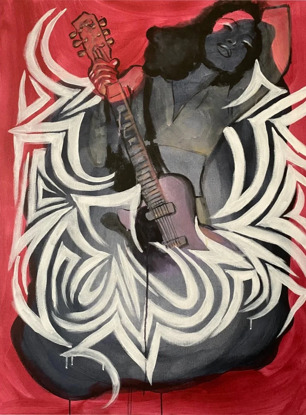Abstract painting with Sade holding guitar.