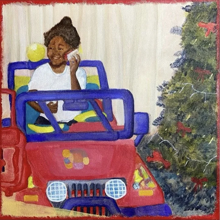 Painting of Yasmine as a kid siting in a Barbie jeep next to a Christmas tree