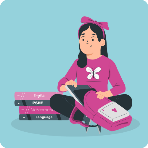 Illustration of a girl in a pink top putting a book into her bag. behind her are a stack of books named Language, Maths, PSHE and English