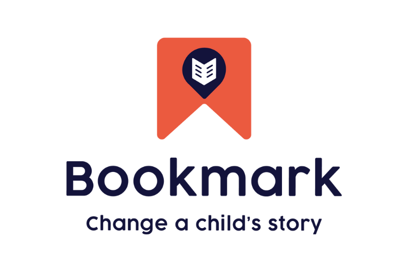 Logo for Bookmark with a tag icon and the tagline 'change a child's story'.