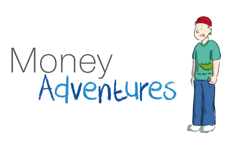 Illustration of a boy standing next to the words 'Money Adventures' with the boy wearing a green shirt, blue pants, a red cap, and a green money pouch.