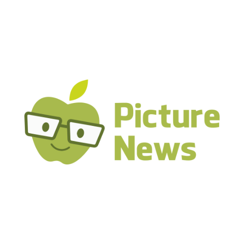 A green apple character with glasses and a smiling face next to the text 'Picture News' in green letters.